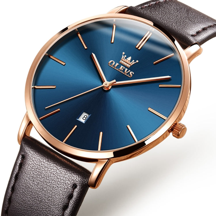 OLEVS 5869 Men Business Waterproof Genuine Leather Strap Quartz Watch(Blue + Rose Gold) - Leather Strap Watches by OLEVS | Online Shopping UK | buy2fix