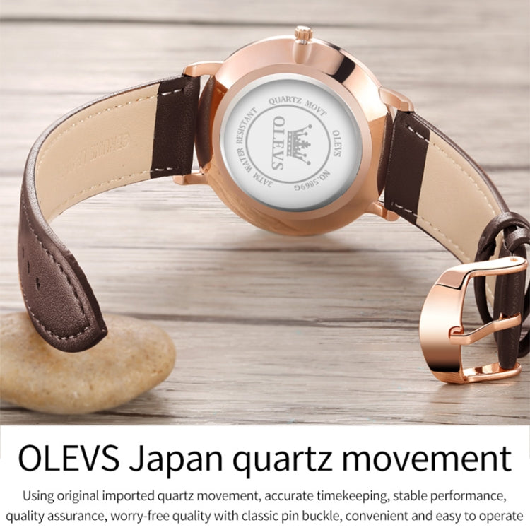 OLEVS 5869 Men Business Waterproof Genuine Leather Strap Quartz Watch(Blue + Rose Gold) - Leather Strap Watches by OLEVS | Online Shopping UK | buy2fix