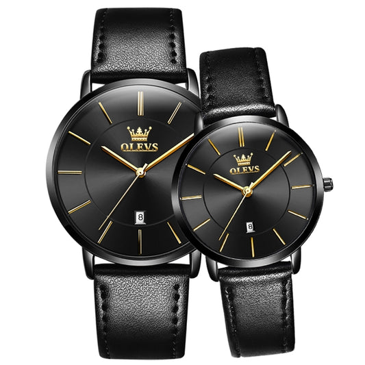 OLEVS 5869 1 Pair Couple Waterproof Genuine Leather Strap Quartz Watch(Black) - Couple Watches by buy2fix | Online Shopping UK | buy2fix