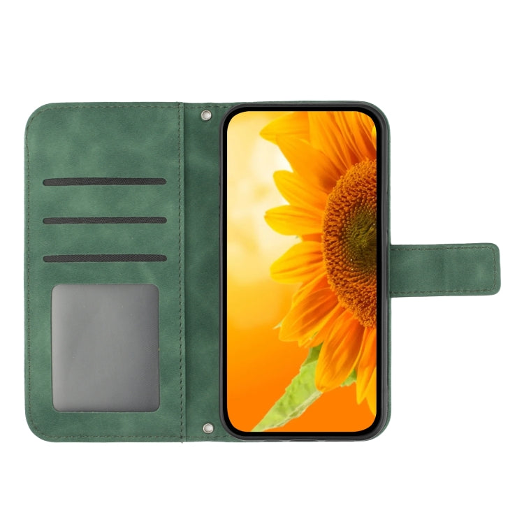 For iPhone 15 Skin Feel Sun Flower Embossed Flip Leather Phone Case with Lanyard(Green) - iPhone 15 Cases by buy2fix | Online Shopping UK | buy2fix