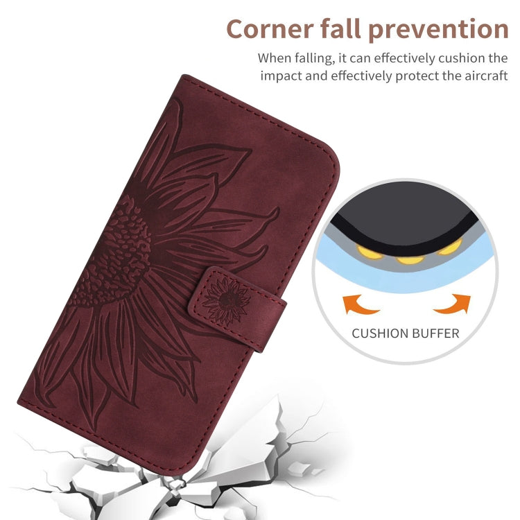 For iPhone 15 Pro Skin Feel Sun Flower Embossed Flip Leather Phone Case with Lanyard(Wine Red) - iPhone 15 Pro Cases by buy2fix | Online Shopping UK | buy2fix