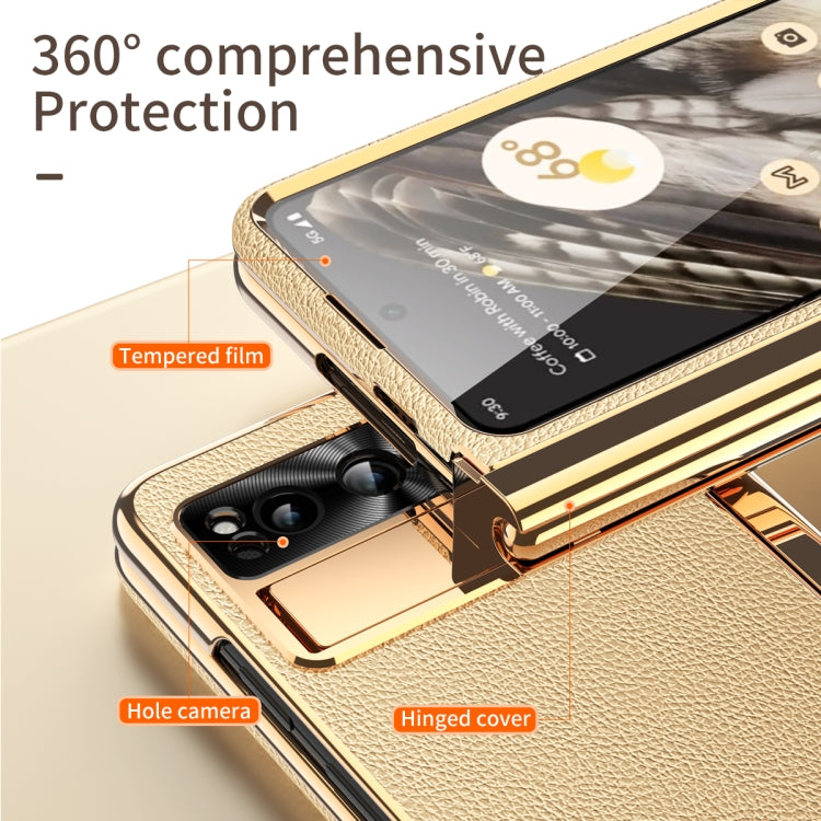 For Google Pixel Fold Litchi Pattern Electroplating Pen Slot Double Hinge Folding Phone Case with Stylus(Gold) - Google Cases by buy2fix | Online Shopping UK | buy2fix