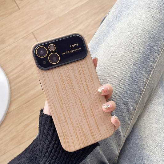 For iPhone 14 Wood Grain TPU Phone Case with Lens Film(Khaki) - iPhone 14 Cases by buy2fix | Online Shopping UK | buy2fix