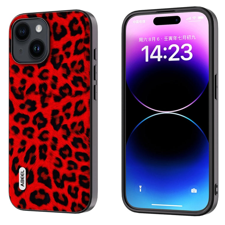 For iPhone 14 ABEEL Black Edge Leopard Phone Case(Red Leopard) - iPhone 14 Cases by buy2fix | Online Shopping UK | buy2fix