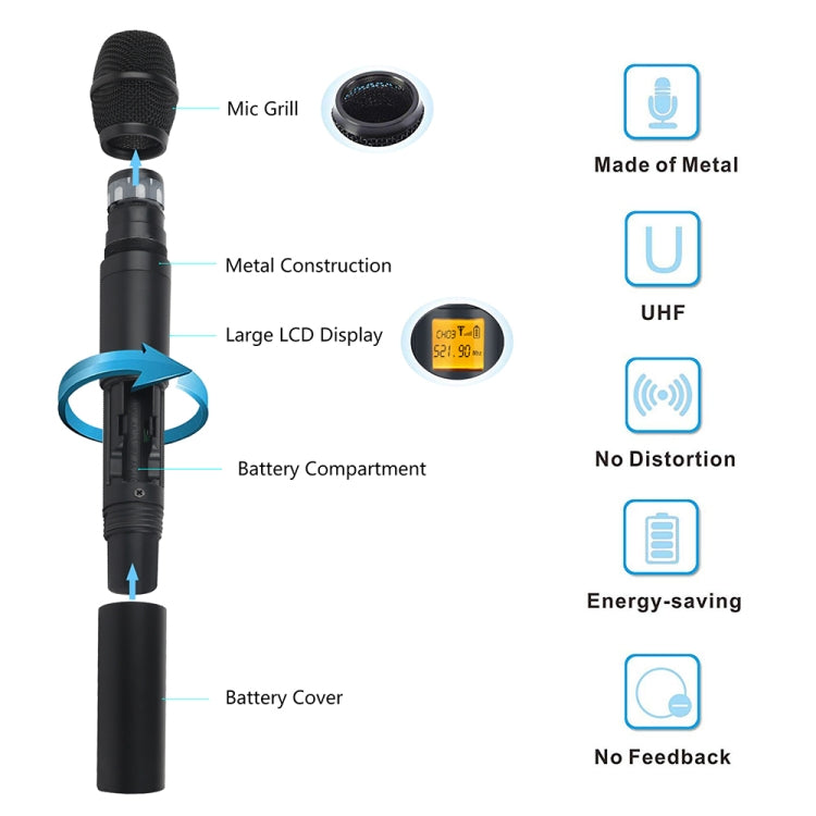 XTUGA A400-H Professional 4-Channel UHF Wireless Microphone System with 4 Handheld Microphone(UK Plug) - Microphone by XTUGA | Online Shopping UK | buy2fix