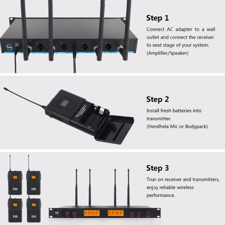 XTUGA A400-B Professional 4-Channel UHF Wireless Microphone System with 4 BodyPack Lavalier Headset Microphone(AU Plug) - Microphone by XTUGA | Online Shopping UK | buy2fix