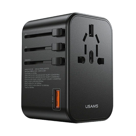 USAMS US-CC199 T62 65W PD Global Travel Fast Charger Power Adapter(Black) - International Plug Adaptor by USAMS | Online Shopping UK | buy2fix