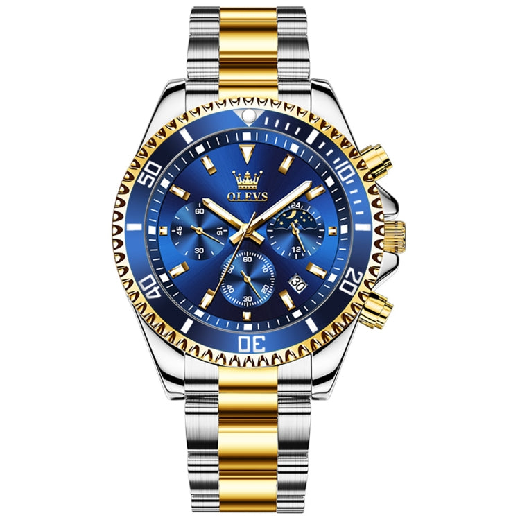 OLEVS 2870 Men Multifunctional Chronograph Three Eyes Waterproof Quartz Watch(Blue + Gold) - Metal Strap Watches by OLEVS | Online Shopping UK | buy2fix