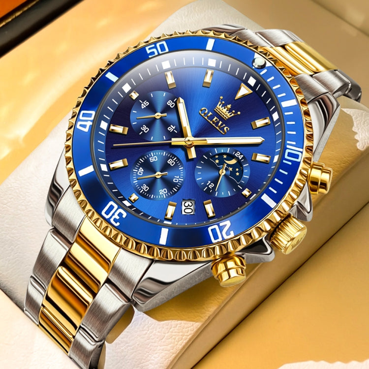 OLEVS 2870 Men Multifunctional Chronograph Three Eyes Waterproof Quartz Watch(Blue + Gold) - Metal Strap Watches by OLEVS | Online Shopping UK | buy2fix