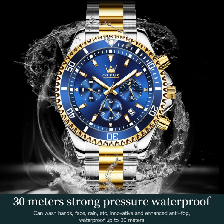 OLEVS 2870 Men Multifunctional Chronograph Three Eyes Waterproof Quartz Watch(Blue + Gold) - Metal Strap Watches by OLEVS | Online Shopping UK | buy2fix