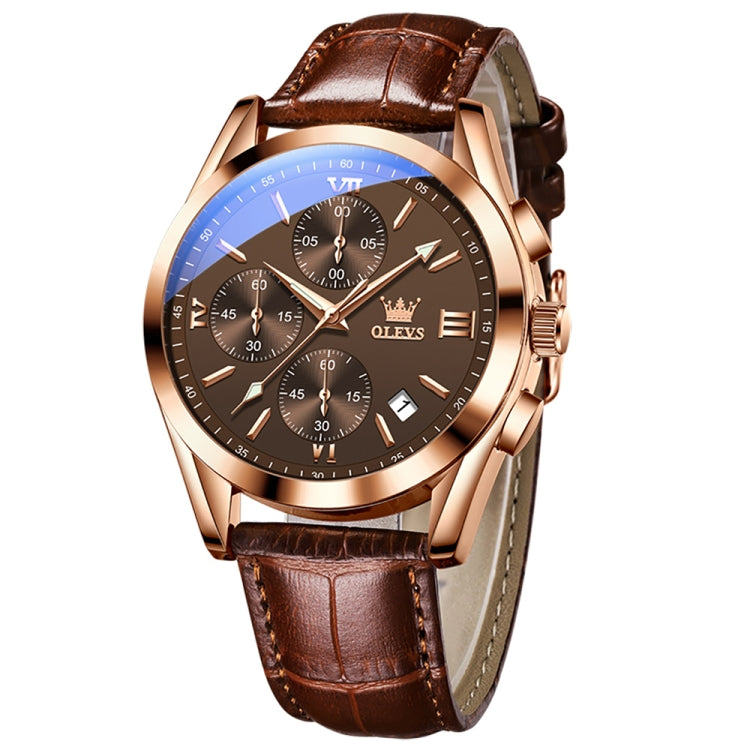 OLEVS 2872 Men Three Eyes Six Needles Chronograph Waterproof Quartz Watch(Coffee + Rose Gold) - Leather Strap Watches by OLEVS | Online Shopping UK | buy2fix