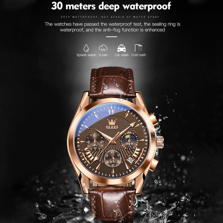 OLEVS 2876 Men Multifunctional Sports Chronograph Quartz Watch(Coffee + Rose Gold) - Leather Strap Watches by OLEVS | Online Shopping UK | buy2fix