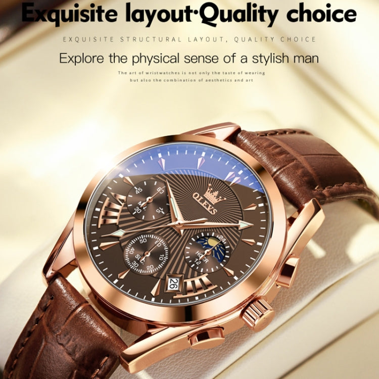 OLEVS 2876 Men Multifunctional Sports Chronograph Quartz Watch(Coffee + Rose Gold) - Leather Strap Watches by OLEVS | Online Shopping UK | buy2fix