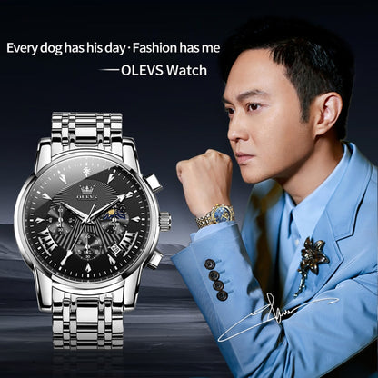 OLEVS 2892 Men Multifunctional Business Waterproof Quartz Watch(Black + Silver) - Metal Strap Watches by OLEVS | Online Shopping UK | buy2fix