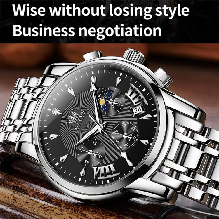 OLEVS 2892 Men Multifunctional Business Waterproof Quartz Watch(Black + Silver) - Metal Strap Watches by OLEVS | Online Shopping UK | buy2fix