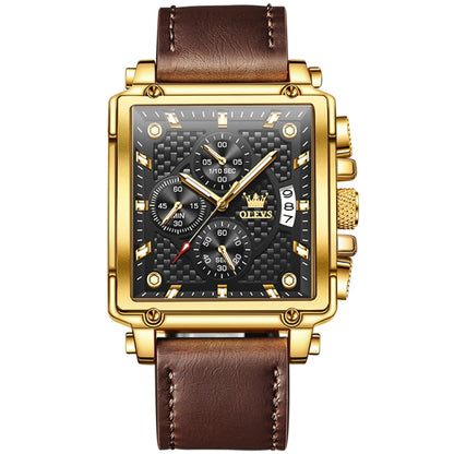 OLEVS 9925 Men Square Dial Multifunctional Waterproof Quartz Watch(Black + Gold) - Leather Strap Watches by OLEVS | Online Shopping UK | buy2fix