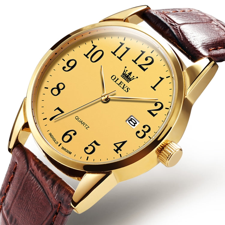 OLEVS 5566 Men Simple Single Calendar Waterproof Quartz Watch(Gold) - Leather Strap Watches by OLEVS | Online Shopping UK | buy2fix