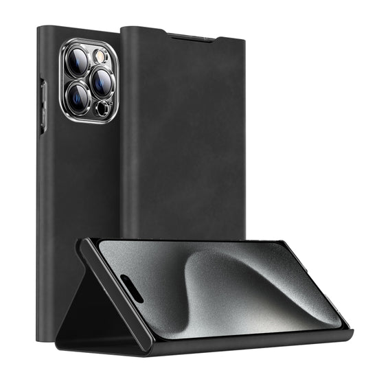 For iPhone 15 Pro Max Magnetic Napa Texture Leather Phone Case with Holder(Black) - iPhone 15 Pro Max Cases by buy2fix | Online Shopping UK | buy2fix