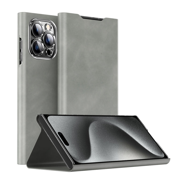 For iPhone 15 Pro Max Magnetic Napa Texture Leather Phone Case with Holder(Grey) - iPhone 15 Pro Max Cases by buy2fix | Online Shopping UK | buy2fix