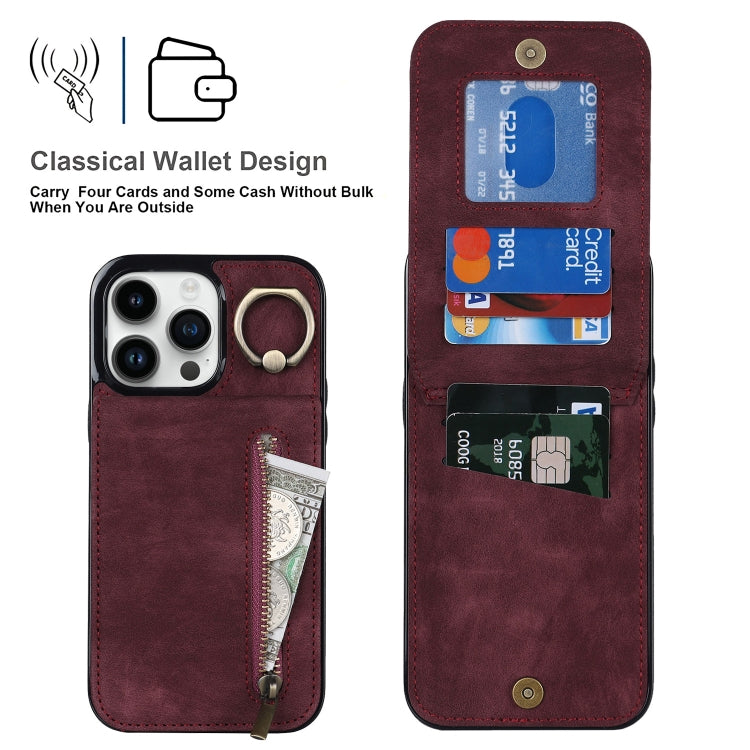 For iPhone 15 Pro Max Retro Ring and Zipper RFID Card Slot Phone Case(Wine Red) - iPhone 15 Pro Max Cases by buy2fix | Online Shopping UK | buy2fix