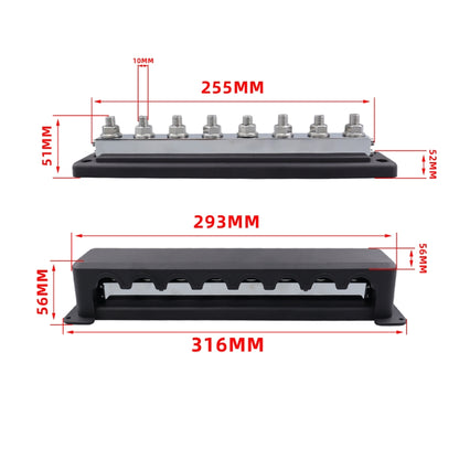 RV 600A High Current busbar 8-way Straight M10 Wiring Studs(Black) - Fuse by buy2fix | Online Shopping UK | buy2fix