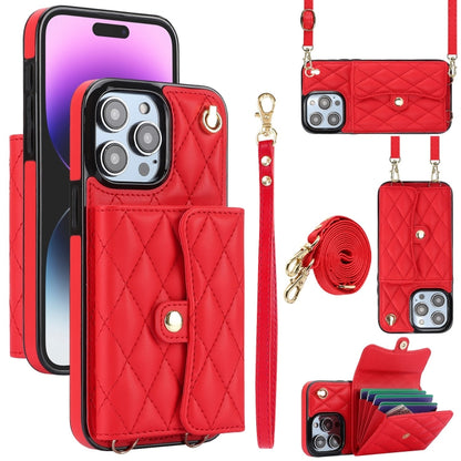 For iPhone 15 Pro Max Crossbody Rhombic Horizontal Wallet Leather Phone Case(Red) - iPhone 15 Pro Max Cases by buy2fix | Online Shopping UK | buy2fix