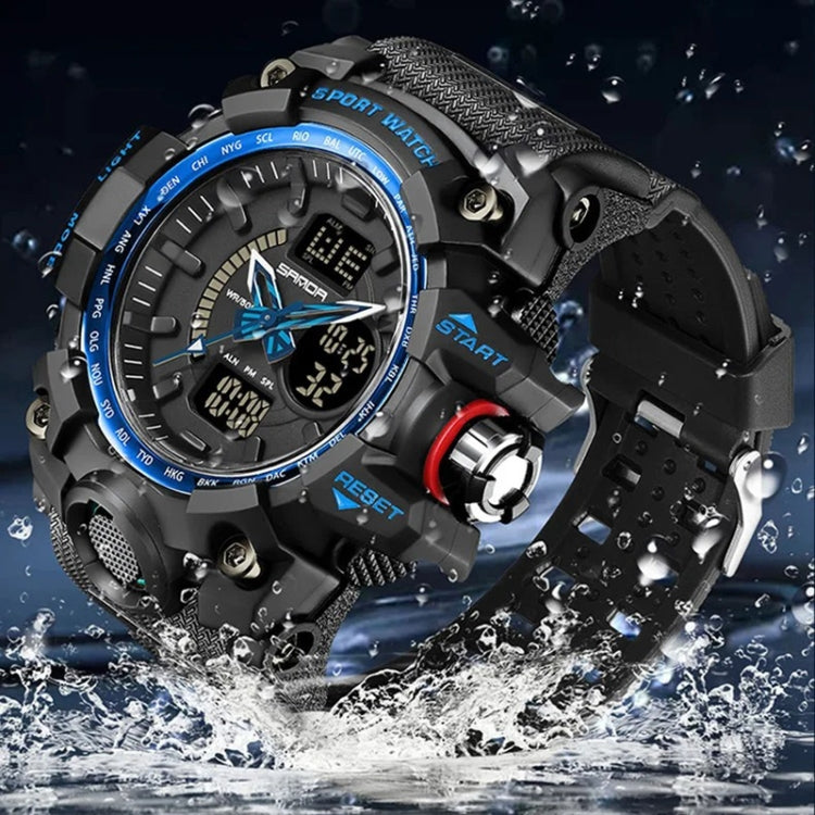 SANDA 3132 Men Multifunctional Waterproof Luminous Sports Watch(Black Blue) - Silicone Strap Watches by SANDA | Online Shopping UK | buy2fix