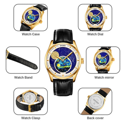 SKMEI 2115 Multifunctional Men Outdoor 30M Waterproof Moon Phase Quartz Watch(Gold) - Leather Strap Watches by SKMEI | Online Shopping UK | buy2fix