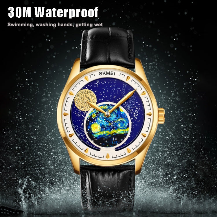 SKMEI 2115 Multifunctional Men Outdoor 30M Waterproof Moon Phase Quartz Watch(Gold) - Leather Strap Watches by SKMEI | Online Shopping UK | buy2fix