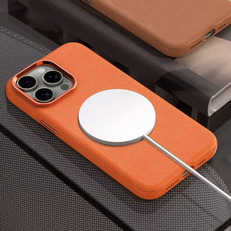 For iPhone 15 Metal Lens Frame Leather Magsafe Full Coverage Shockproof Phone Case(Orange) - iPhone 15 Cases by buy2fix | Online Shopping UK | buy2fix