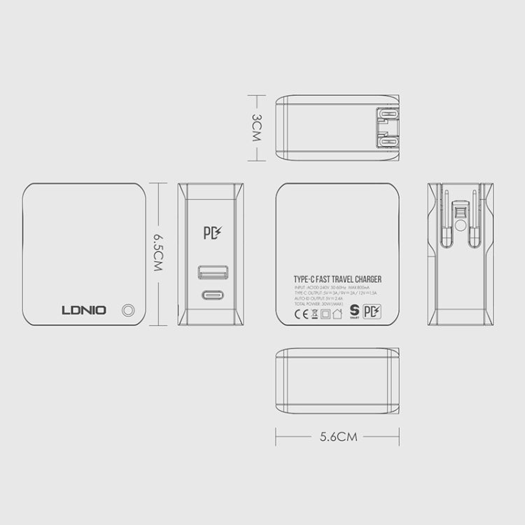 LDNIO A4403C 30W PD + Auto-id Foldable Fast Travel Charger with 1m 8 Pin Cable, AU Plug - USB Charger by LDNIO | Online Shopping UK | buy2fix