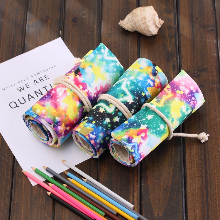 48 Slots Starry Sky Print Pen Bag Canvas Pencil Wrap Curtain Roll Up Pencil Case Stationery Pouch - Home & Garden by buy2fix | Online Shopping UK | buy2fix