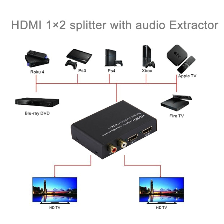 HDMI 1x2 Splitter with Audio Extractor, Support 5.1CH / 2CH, 4Kx2K, 3D -  by buy2fix | Online Shopping UK | buy2fix