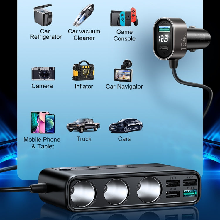 JOYROOM JR-CL06 9 in 1 154W PD USB-C / Type-C + Dual QC3.0 USB + 3 USB + 3 Cigarette Lighter Holes Digital Display Car Charger (Black) - In Car by JOYROOM | Online Shopping UK | buy2fix