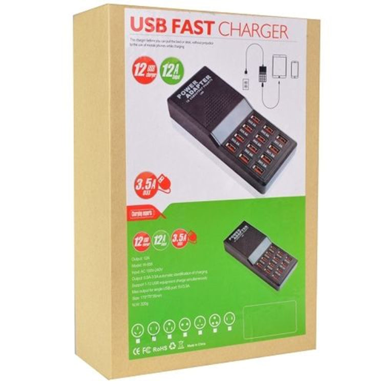 W-858 12A 12 Ports USB Fast Charging Dock Desktop Smart Charger AC100-240V, AU Plug (Black) - Multifunction Charger by buy2fix | Online Shopping UK | buy2fix