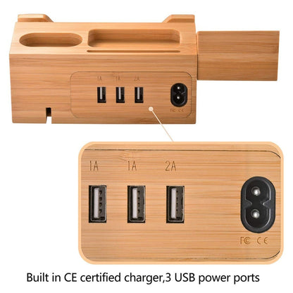 Multi-function Bamboo Charging Station Charger Stand Management Base with 3 USB Ports, For Apple Watch, AirPods, iPhone, UK Plug - Others by buy2fix | Online Shopping UK | buy2fix