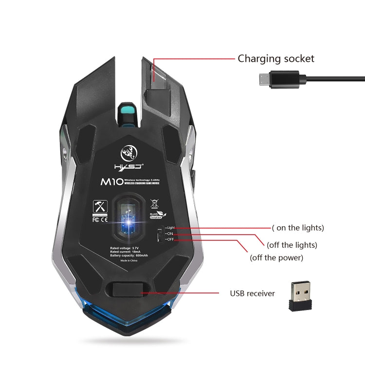 HXSJ M10 2.4GHz 6-keys USB Rechargeable Colorful Lighting Ergonomic 2400DPI Wireless Optical Gaming Mouse for Desktop Computers - Wireless Mice by HXSJ | Online Shopping UK | buy2fix