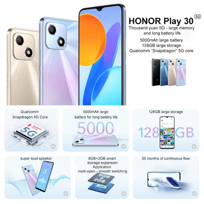 Honor Play 30 5G VNE-AN00, 8GB+128GB, China Version, Face Identification, 5000mAh, 6.5 inch Magic UI 5.0 /Android 11 Qualcomm Snapdragon 480 Plus Octa Core up to 2.2GHz, Network: 5G, Not Support Google Play(Blue) - Honor by Huawei | Online Shopping UK | buy2fix