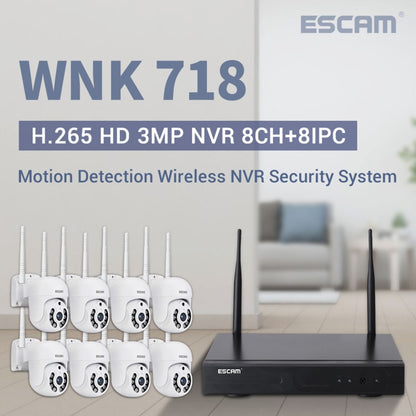 ESCAM WNK718 HD 3.0 Million Pixels 8-channel Wireless + 8IPC Wireless NVR Security System, UK Plug - Dome Camera by ESCAM | Online Shopping UK | buy2fix