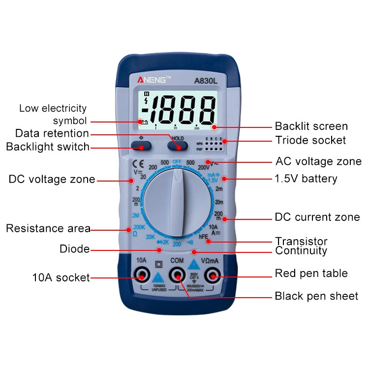 ANENG A830L Handheld Multimeter Household Electrical Instrument(Blue Grey) - Current & Voltage Tester by ANENG | Online Shopping UK | buy2fix