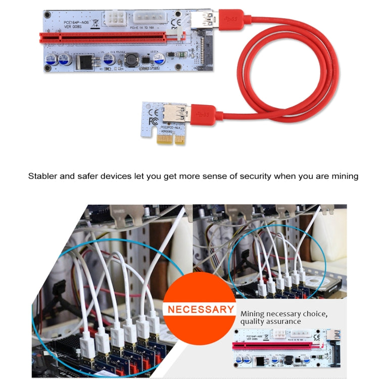 PCE164P-N06 VER008S USB 3.0 PCI-E Express 1x to 16x PCI-E Extender Riser Card Adapter 15 Pin SATA Power 6 Pin + 4 Pin Power Supply Port with 60cm USB Cable(Red) -  by buy2fix | Online Shopping UK | buy2fix