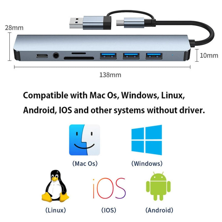 BYL-2218TU 8 in 1 USB + USB-C / Type-C to USB Multifunctional Docking Station HUB Adapter - Computer & Networking by buy2fix | Online Shopping UK | buy2fix