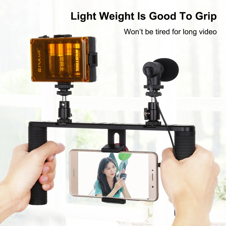 PULUZ 4 in 1 Vlogging Live Broadcast LED Selfie Light Smartphone Video Rig Handle Stabilizer Aluminum Bracket Kits with Microphone + Tripod Mount + Cold Shoe Tripod Head - Camera Cage by PULUZ | Online Shopping UK | buy2fix