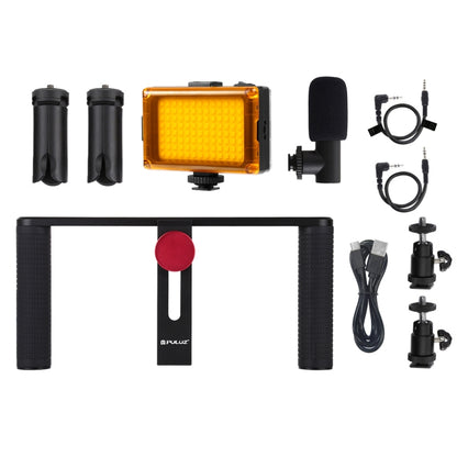 PULUZ 4 in 1 Vlogging Live Broadcast LED Selfie Light Smartphone Video Rig Handle Stabilizer Aluminum Bracket Kits with Microphone + Tripod Mount + Cold Shoe Tripod Head - Camera Cage by PULUZ | Online Shopping UK | buy2fix