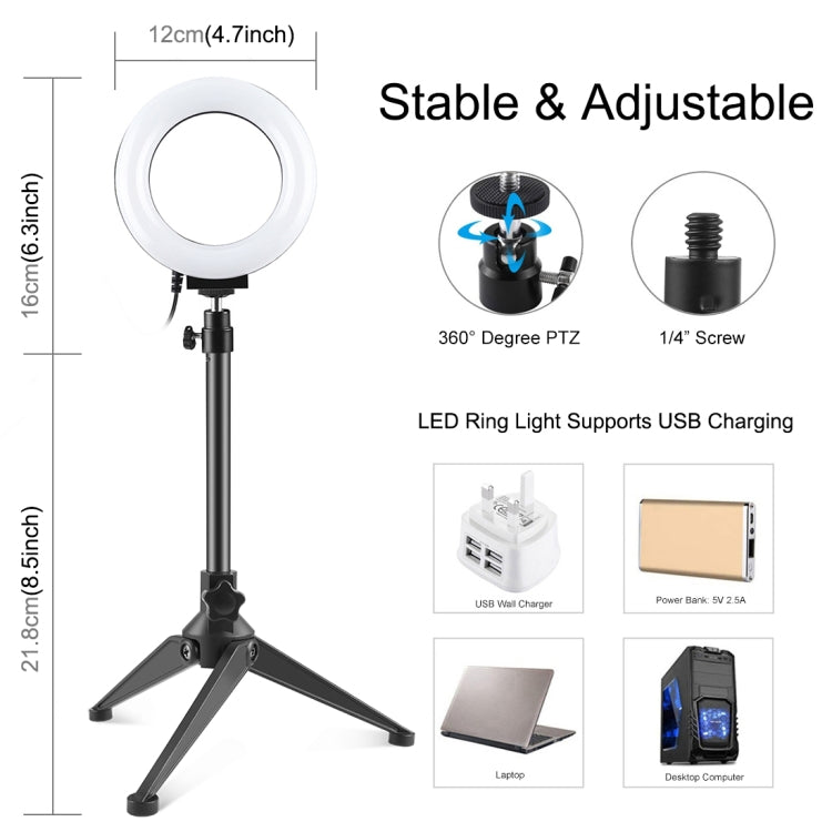 PULUZ 4.7 inch 12cm USB 3 Modes Dimmable LED Ring Vlogging Photography Video Lights + Desktop Tripod Holder with Cold Shoe Tripod Ball Head - Ring Light by PULUZ | Online Shopping UK | buy2fix