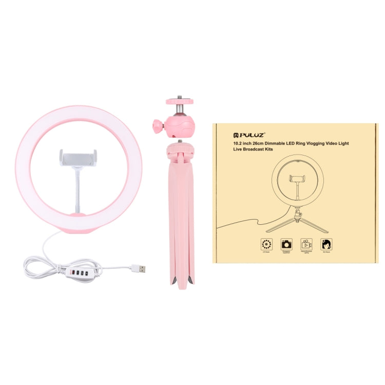 PULUZ 10.2 inch 26cm Selfie Beauty Light + Desktop Tripod Mount USB 3 Modes Dimmable LED Ring Vlogging Selfie Photography Video Lights with Cold Shoe Tripod Ball Head & Phone Clamp(Pink) - Ring Light by PULUZ | Online Shopping UK | buy2fix