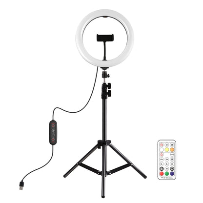 PULUZ 10.2 inch 26cm Marquee LED RGBWW Selfie Beauty Light  + 1.1m Tripod Mount 168 LED Dual-color Temperature Dimmable Ring Vlogging Photography Video Lights with Cold Shoe Tripod Ball Head & Remote Control & Phone Clamp(Black) - Ring Light by PULUZ | Online Shopping UK | buy2fix