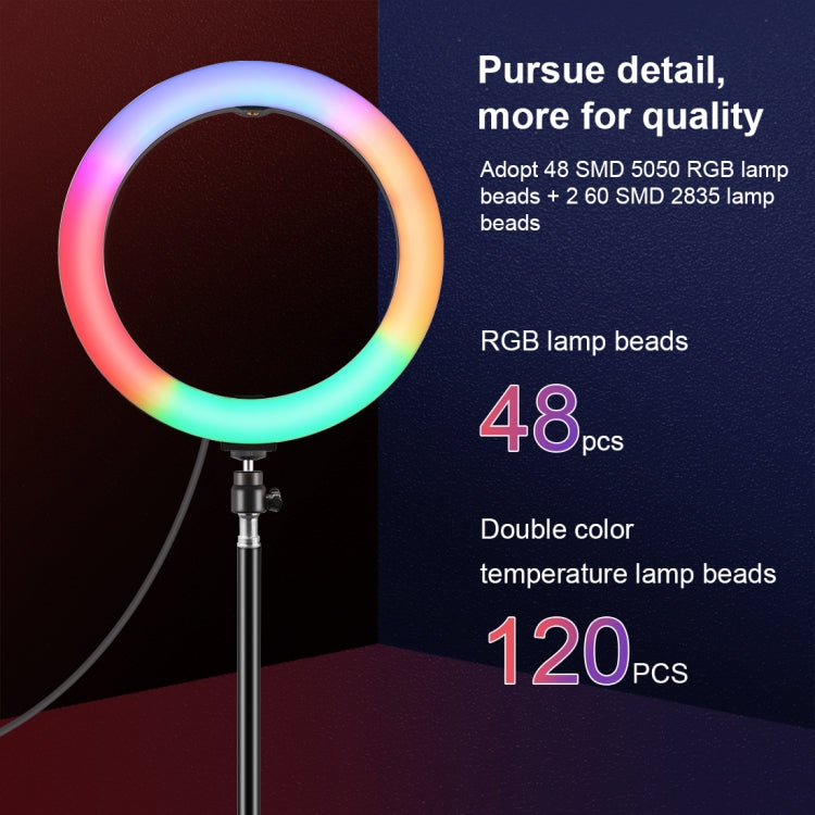 PULUZ 10.2 inch 26cm Marquee LED RGBWW Selfie Beauty Light  + 1.1m Tripod Mount 168 LED Dual-color Temperature Dimmable Ring Vlogging Photography Video Lights with Cold Shoe Tripod Ball Head & Remote Control & Phone Clamp(Black) - Ring Light by PULUZ | Online Shopping UK | buy2fix