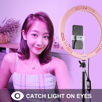 PULUZ 11.8 inch 30cm RGB Dimmable LED Dual Color Temperature LED Curved Diffuse Light Ring Vlogging Selfie Photography Video Lights with  Tripod Ball Head & Phone Clamp & Remote Control(Pink) - Ring Light by PULUZ | Online Shopping UK | buy2fix