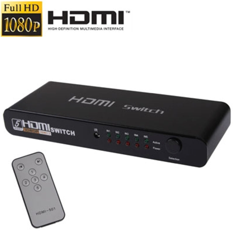 5 Ports Full HD 1080P HDMI Switch with Switch & Remote Controller, 1.3 Version (5 Ports HDMI Input, 1 Port HDMI Output)(Black) -  by buy2fix | Online Shopping UK | buy2fix